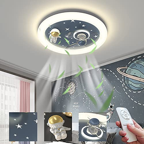 KZT Astronauten Kinderzimmer Ventilator Deckenleuchte,LED Leise Deckenventilator mit Fernbedienung,46W dimmbar und Windgeschwindigkeit Fan Deckenlampe Für Jungen Mädchen Schlafzimmer Ventilator Licht