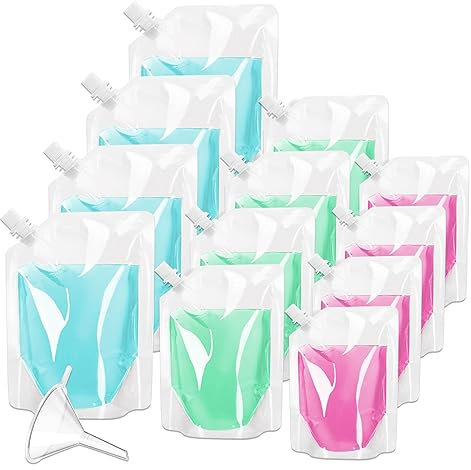 12Pcs Refillable Drink Pouches Clear Travel Plastic Drinks Flasks Cruise Kit Reusable Alcohol Liquor Juice Bags Drink Container with Spout and Funnel for Party Halloween Christmas Hot Cold Beverage