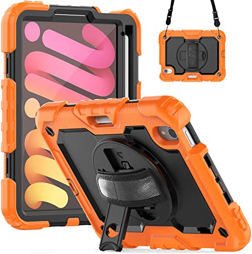 LOXO CASE Custodia per iPad Mini 6 (8,3, Modello 2021, 6ª Generazione), Custodia Protettiva Antiurto Resistente con 360 Supporto Rotante e Tracolla Regolabile, Portapenne,Orange