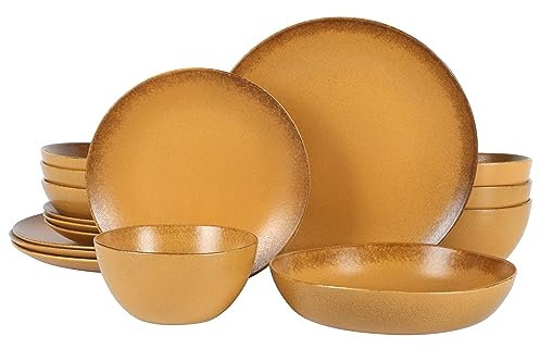 Bloomhouse Palermo Sun Double Bowl Stoneware Reactive Glaze Plates and Bowls Dinnerware Set - Tumeric Yellow, Service for Four (16pcs)