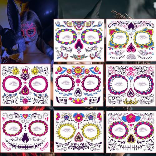 Tatuaje de cara de Halloween 8pcs Tatuajes Temporales de Halloween, Tatuajes Sugar Skull Stickers Day of The Dead Makeup, Tatuaje Cara Temporales para Halloween Maquillaje Disfraz Fiesta
