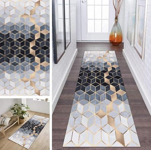 Läufer Teppich Lang Flur rutschfest Waschbar 100X300CM Küche Korridor TeppichLäufer für Flur Weiß Blau Schwarz Schlafzimmer Wohnzimmer Polyester Teppichmatte Dauerhaft, Anpassbar Küchenteppich