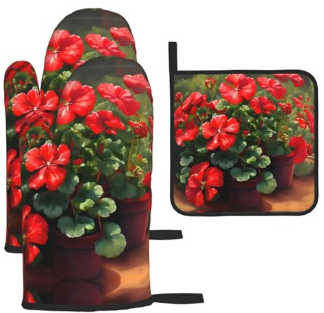 Rote Geranien Ofenhandschuhe und Topflappen Set (3-teiliges Set), Polyester rutschfeste Grillhandschuhe für Küche, Kochen, Backen, Grillen.