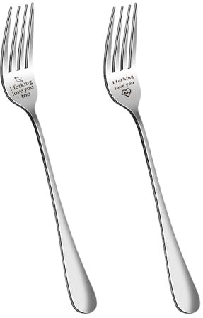 Lot de 2 fourchettes de table en acier inoxydable avec gravure, intéressantes pour couples, couverts cadeaux pour la Saint-Valentin, cadeau créatif personnalisé, cadeau pour elle et lui