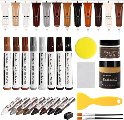 DEWEL Set di riparazione in laminato, 12 Colori Stucco per Legno, 8 pennarello per legno, kit di riparazione per legno - fori, graffi