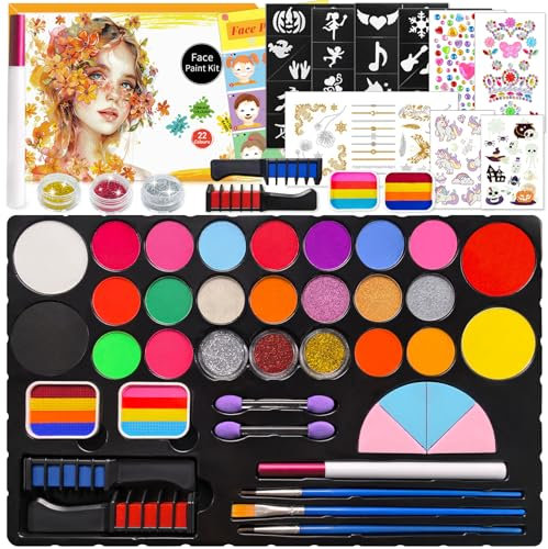 Mekkyes Pintura Cara Niños - 22 Colores Pintacaras Infantil con 4 Colores Grandes y Pegatinas de Tatuaje - Hipoalergenica Pintura Facial para Halloween Carnaval Fiestas Cosplay Todos los Estaciones