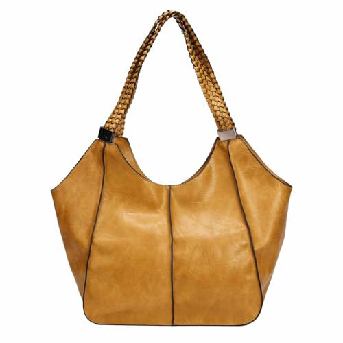 OBC Damen XXL Tasche Schultertasche Shopper Businesstasche Umhängetasche Workbag Henkeltasche Reisetasche FLECHTOPTIK Henkel Leder Optik Gelb