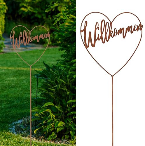 Cepewa Gartenstecker 'Willkommen' | Rostoptik Herz zum Stecken | 20x90x0,5cm Metall | Rusty Deko Terrasse Balkon