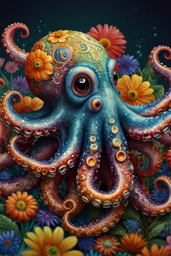 Lustiges Notizbuch neugieriger Oktopus: Jede zweite Seite liniert für Notizen, zum Planen, Zeichnen und Einkleben