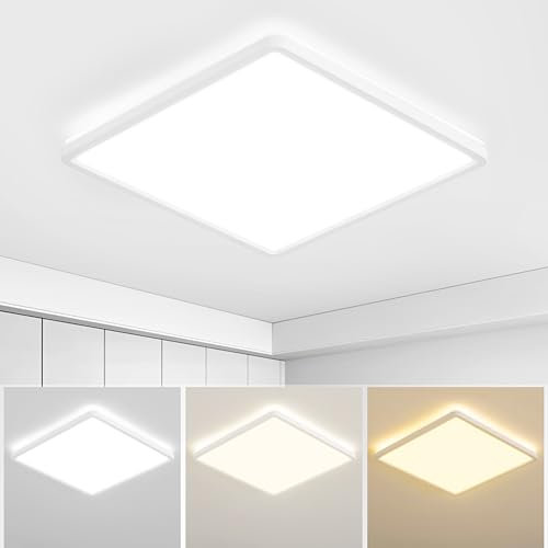 MOONSEA 24W LED Deckenleuchte Flach, 3 Farben 3000K/4000K/6500K Deckenlampe Quadrat, Ultra Dünn Deckenleuchte Eckig für Badezimmer Flur Küche Balkon Keller, Ø30cm, Weiß