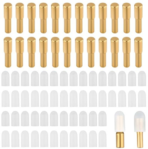 24 Stk Regalstifte, Messing Bücherregalstifte mit 52 Rutschfesten Silikonabdeckungen Gelbe Regalstifte für Regale Metall Regalstifte für Holz Glas Regale