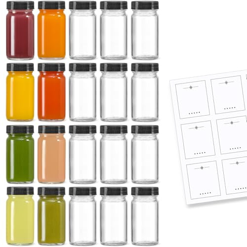 20 PACK 2 oz Glass Shot Bottles w/ Black Lids & 20 Labels - Small Clear Jar for Ginger, Wellness Shot, Juice, Sample, Whiskey - Travel Essentials Mini Bottles - Wide Mouth, Leakproof, Dishwasher Safe