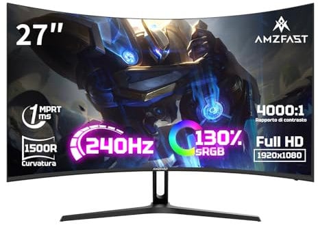 Amzfast Curved Gaming Monitor 27 Zoll - 240Hz, 1ms, Adaptive Sync, HDR10, DCI-P3 95%, Anti-Flicker/Glare, Low Blue Light, 1500R, VESA Mount, HDMI 2.0/DisplayPort, mit DP-Kabel, AMZG27C1 Pro