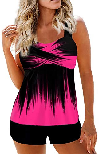Tankini Maillot De Bain Femme 2 Pieces Taille Haute Tankini Shorty Ronde Amincissant Maillot De Bain Grande Taille Ensemble avec Armature Bikini Ete Marque Pas Cher Beachwear(Rose Vif,XXL)