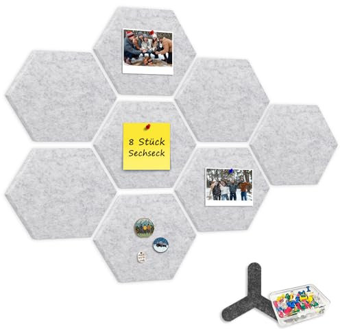 CUHIOY 8 Stück sechseckige Pinnwand Kinderzimmer, 12mm Dicke Filz-Pinnwand selbstklebend mit 80 Pins, Moderne dekorative Filzwand für Fotos und Anstecker Pin in Zuhause, Büro,weiß grau, 190x220mm