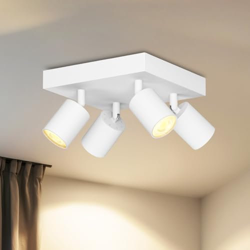 LVWIT Lámpara Techo Focos con 4 Focos Giratorios GU10, Lámpara de Pared Interior Blanco Ajustables Base Cuadrado, Focos Led Interior Techo Iluminación para Dormitorio Pasillo Cocina (Sin Bombillas).