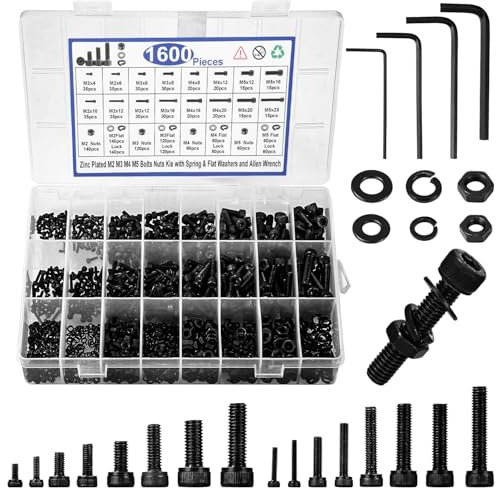 1600 Stück M2 M3 M4 M5 Schrauben Set, Zylinderschrauben, Schwarz Innensechskant Zylinderschrauben mit Muttern Unterlegscheiben, Linsenkopf Gewindeschrauben für Fahrrad, Innensechskantschrauben Muttern