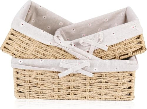 APOMOONS 2 Piezas Cestas para Pan con Forro, 2 Tamaños Cesta Almacenaje Mimbre Fabricadas con Cuerda de Papel, Cesta Mimbre para Pan Pasteles Postres Desayuno, Caqui