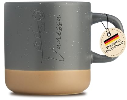 LIEBTASTISCH - Gravur Tasse mit Namen - Wunschnamen - Personalisiert - Spülmaschinenfest - Kaffeetasse mit Gravur - Blumenmotiv - Geschenk für Freundin, Frau, Familie - Grau