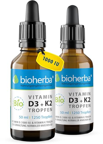 Vitamin D3 + K2 Tropfen von Bioherba 2 * 50 ml – Hochdosierte, Formel mit MK-7 & MCT-Öl