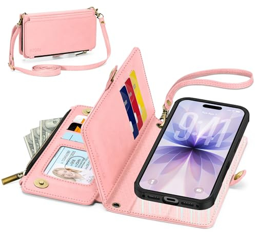 TUCCH Étui Cuir pour iPhone 17 6,3 5G 2025 RFID Blocage, Rose Pâle | 9 Fentes Cartes, Compartiment Zippé, Poche Billets, Dragonne et Bandoulière, Rabat Magnétique Béquille