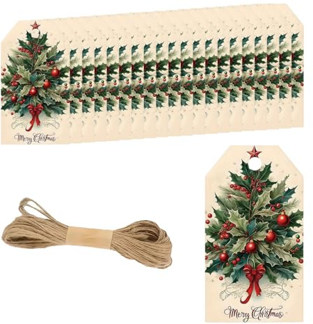 48PCS Xmas Gift Tags Featuring European Holly Pattern, Present Hanging Label Card with Twine String, Merry Xmas Present Labels with 10M Twine for Gift Wrapping Decoration Accessories (Green)