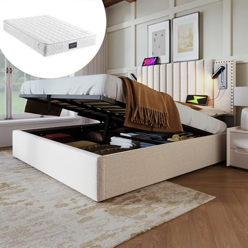 Homgoday Polsterbett 160x200,Doppelbett Stauraum Bettkasten,Leselicht mit USB Ladefunktion Kopfteil,Rückenlehne mit Nietendesign,Bett mit Lattenrost und Bettkasten, Baumwolle, Beige(Mit Matratze) Bet