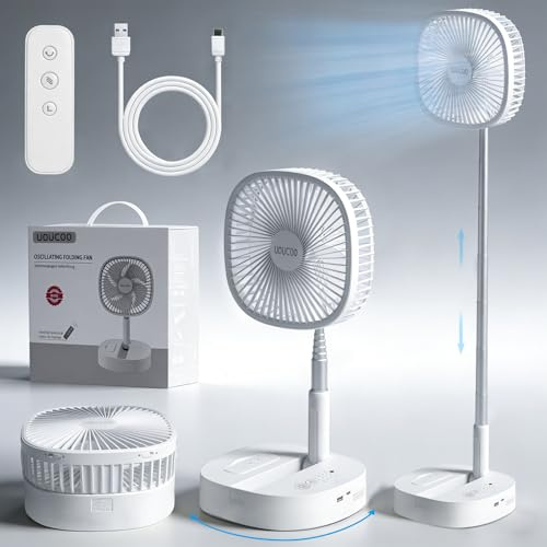 UOUCOO Ventilador de pie oscilante portátil, ventilador de pedestal plegable de 9 pulgadas, batería recargable de 7200 mAh, ventilador de suelo alimentado por USB, altura ajustable, 4 velocidades