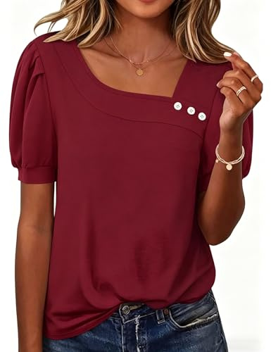 Rapbin Womens Blouse Puff Short Sleeve T-Shirt Buttons Shirt Elegant Asymmetrical Neck Tunic Ladies Top for Leggings