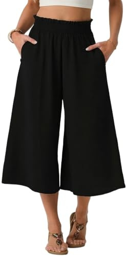 PrinStory Pantalon d'été léger pour femme - Taille haute - Culotte d'été décontractée - Pantalon palazzo à jambes larges - Avec poches