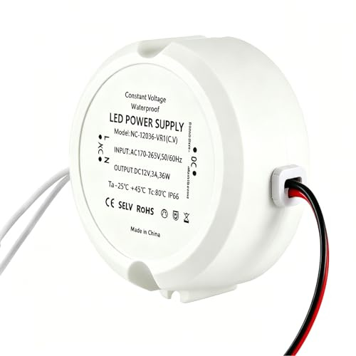 yivom LED Trafo 12V 36W 3A, Netzteil Trafo 230V auf 12V DC, Wasserdicht IP66 LED Transformator, Mini Rund LED Treiber, AC zu DC Schalt Niedervolttrafo für Unterputzdose Verteilerdose LED Strip Lampen