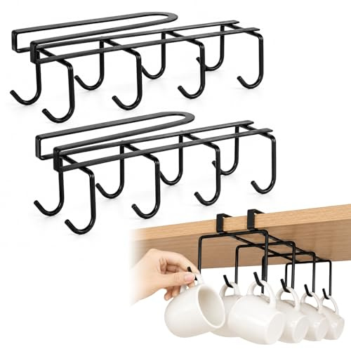 Bnnrjia 2 Pcs Mug Holders for Kitchen, Mug Hooks Under Shelf, Cup Holder Under Cabinet with 8 Hooks Each, Black Cup Holder Kitchen Cupboard Organiser Cabinets, for Cups Mugs Drying Hanging