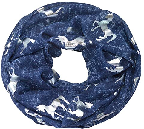 thb Richter Loopschal Meliert Schlauchschal mit Einhorn Unicorn Muster Pferd Horse Metallic Aufdruck Silber Glitzer Glanz Glänzend Rundschal Weich Soft Schals Tücher (Dunkelblau)