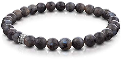 FABACH Labradorit Perlenarmband mit 6mm Edelstein-Perlen und 925 Sterling Silber Logo-Perle - Edles Naturstein Stretch-Armband für Damen (Grau-Schwarz)