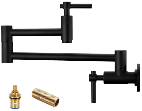 BZOOSIU Topffüller Wasserhahn Wandhalterung, Klappbare Küchenarmatur über Herd, Einloch-Doppelgriffe, dehnbares Design mit Doppelgelenk-Schwenkarmen, 304 Edelstahl, Schwarz