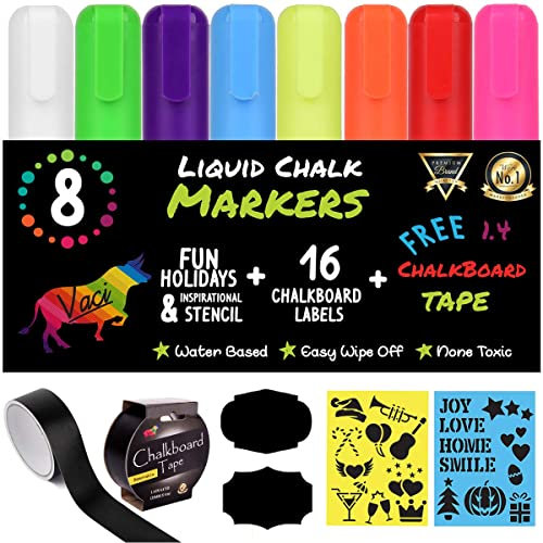 Vaci Kreidetafelmarker - Set mit 8 radierbaren Kreidemarker mit Urlaubszeichen, 16 Kreideetiketten und Kreidetafelband - Flüssigkreidemarker für Kreidetafelschilder - Neon Kreidestifte