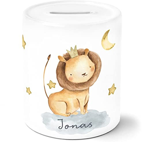 SpecialMe® Kinder Spardose mit NamenTier-Motive Nashorn Löwe Elefant Watercolor Sparschwein Keramik Löwe weiß Unisize
