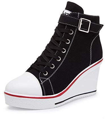 Mujer Cuñas Zapatos 35-43 EU De Lona High-Top Tacón 7 CM Zapatos Casuales Talla Grande Zapatillas de Cuña para Mujer Zapatillas de Deporte Zapatillas Altas Primavera/Verano Tacón Cuña Negro,EU36