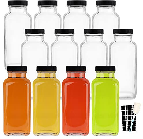 HINGWAH 12 OZ Glass Drink Bottles, Set of 12 Vintage Glass Water Bottles with Lids, Great for storing Juices, Milk, Beverages, Kombucha and More (Labels and Sponge Brush Included)
