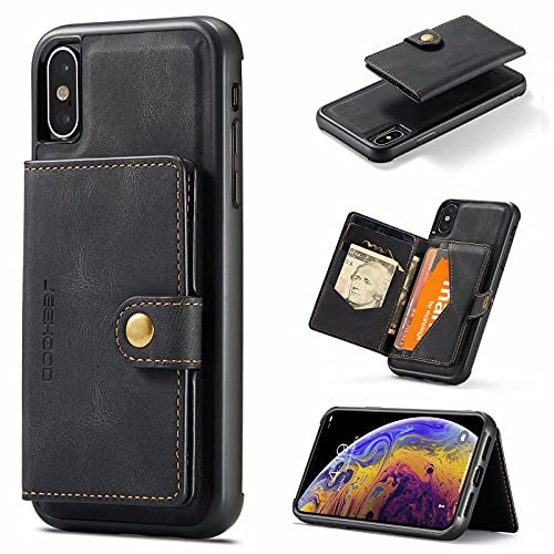 HERCN Custodia in pelle PU per iPhone X/iPhone XS 5.8; supporto per carte -Cavalletto -copertura del telefono cellulare funzionale con piccolo portafoglio magnetico unico. (Nero)