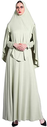 Frauen Eid Ramadan 2 Stücke Gebetskleid Set Muslim Plissee Hijab Schal Abaya Jilbab Overhead Robe Kaftan Islamisches Kleid, dunkelgrün, M