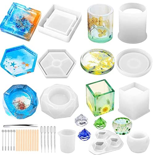 Epoxidharz Formen Resin Silikonformen 30Skt Gießharz Set Silikonform Aschenbecherb Stifthalter Untersetzer Anhänger Holzstäbchen Tropfer Messbecher Resin für DIY Fertigkeit Herstellung