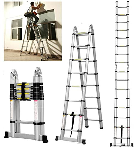 2,5+2,5m Ausziehbare Teleskopleiter, Robust Edelstahl Klappleiter Teleskopleiter A-Rahmen Soft-Close-System Stehleiter mit Stabilisator 6+6 Sprossen 330LB/150KG Tragkraft EN131