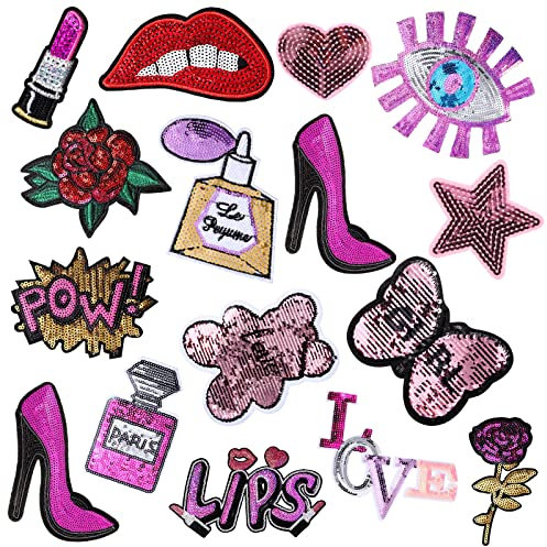 16 Pieces Purple Sequin Iron on Patches DIY Embroidered Patch Sew on Sequin Applique Lip Lipstick Patch Decoration Clothing Jeans Bag Repair for Woman Girl Garment Bag Shoes Caps Decor
