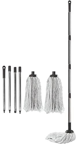 BARGAIN FACTORY long cotton floor mop - ergonomic design – Looped string mop with detachable head and handle – Includes 2 Cotton strings mop heads – Heavy Duty (1 Cotton Mops with Handle)