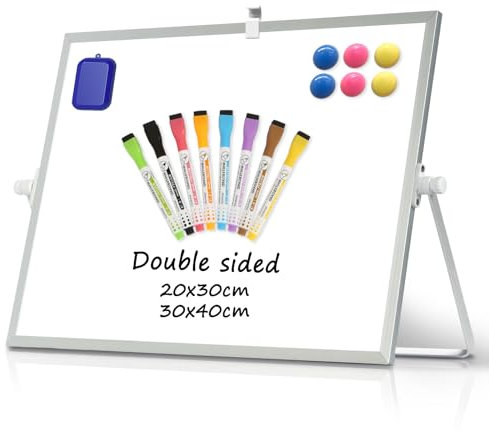 DOLLAR BOSS Magnetic Desktop Whiteboard 30x40cm Double Sided Dry Erase Small White Board with Stand, A3 Mini Whiteboard 8 Pens, 1 Eraser, 6 Magnets, for Kids Students School, Home, Office