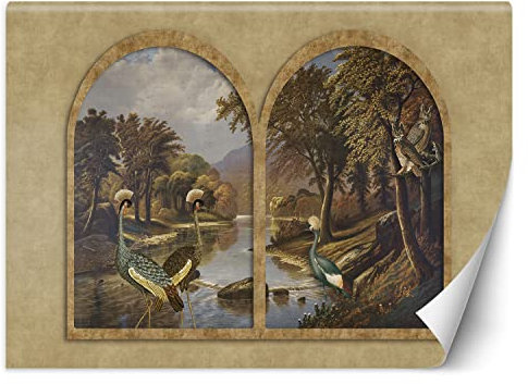 Feeby Premium Vinyl Fototapete Wald Fenster Bach 400x280 cm XXL Wandtapete Tapeten Wohnzimmer Schlafzimmer Jugendzimmer Büro Flur Hotel Spa Moderne Design Wand Dekoration Eule Reiher Vögel Grün