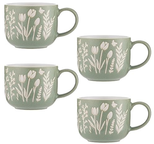 Mason Cash, in The Meadow Set of 4 Tulip Green Stoneware Mugs, 400 ml, Reactive Glaze and Wax Resist Design, Microwave and Dishwasher Safe