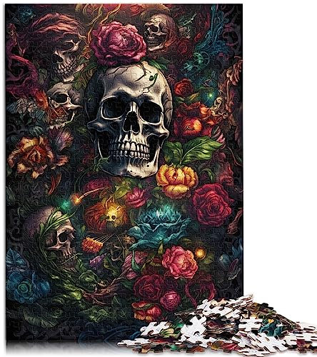 Puzzle für Erwachsene, Totenkopf und Rosen, Totenkopf-Rose-Puzzle für Erwachsene, 1000 Teile, für Erwachsene und Familien, Papppuzzles, Entspannungspuzzlespiele, Größe: 26 x 38 cm