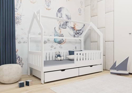 Kinderbett Timon Hausbett aus Holz mit Rausfallschutz zwei Schubladen Jugendbett Modernes Design Kinderzimmer Jugendzimmer Bodenbett Holzbett mit Lattenrost bis 120 kg ohne Matratze (Weiß, 90x200cm)